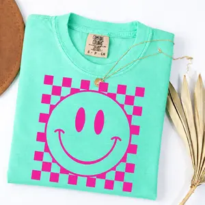 Comfort Colors Neon Smiley Face Shirt Retro Y2K Checkerboard Smile Graphic Tee Bright Pink Smiley Aesthetic Streetwear Graphic T-Shirt