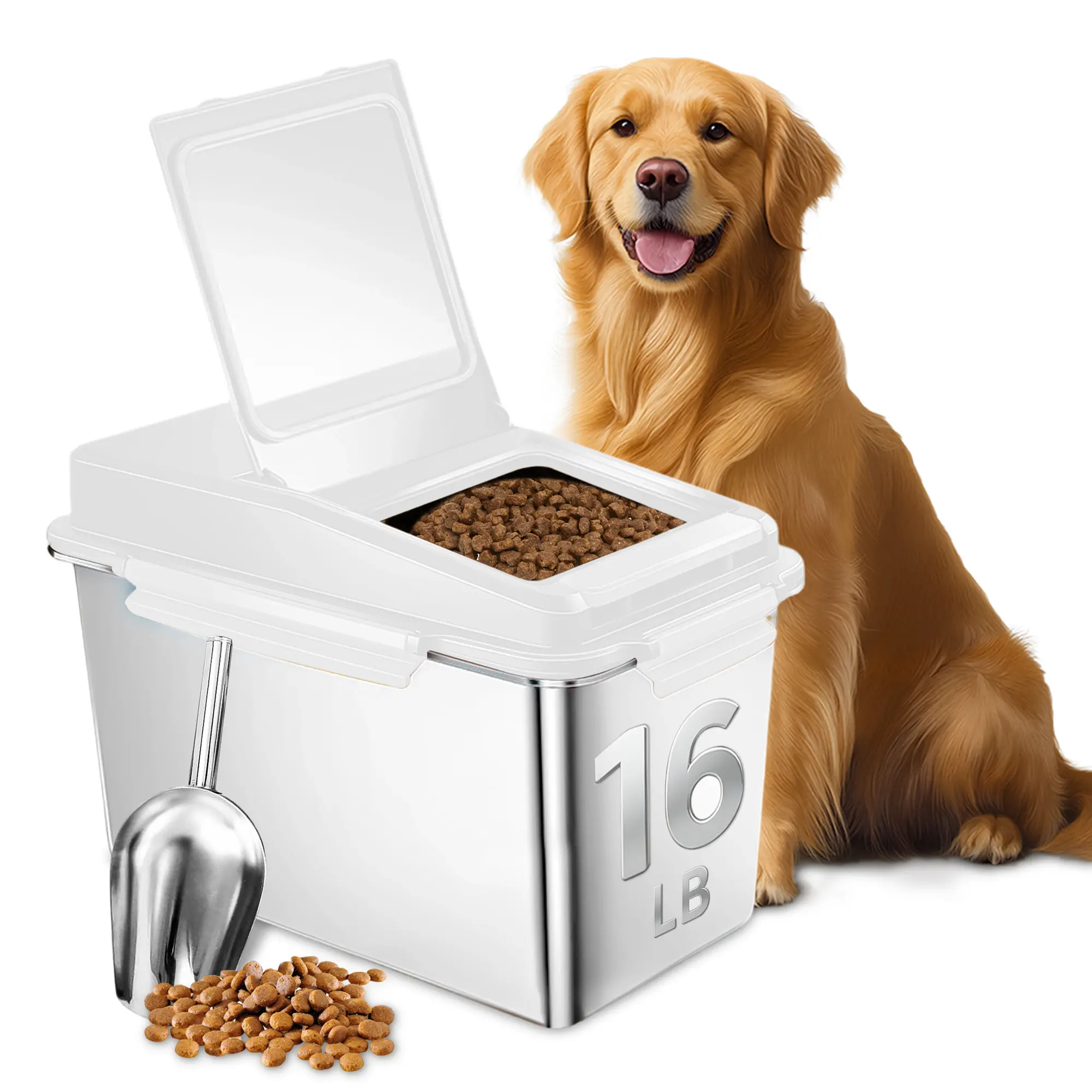 16 Lb Stainless Steel Airtight Pet Food Storage Container, Flip-Top Lid Dog & Cat Dry Food Bin, Includes Metal Scoop