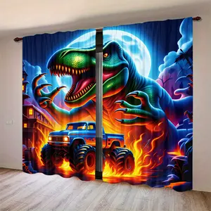 2-piece set of moon night dinosaur truck pattern curtains, Window curtain, durable semi transparent polyester material that can be washed, suitable for bedrooms/living rooms, is the first choice for boys' b