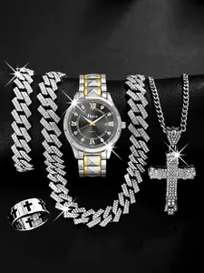 Men's Luxury Zinc Alloy Quartz Watch Set, Diamond-Embedded Cuban Chain Cross Necklace Ring Combo, Business Casual Gift for Him, Necklace Bracelet Set