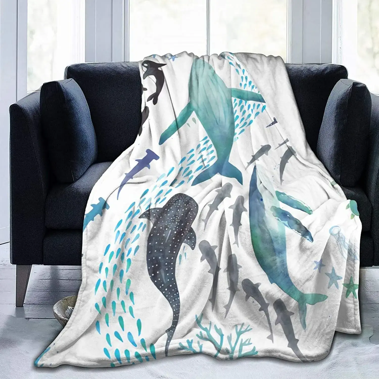 Funny Flannel Throw Blanket - Fluffy, Wrinkle-Resistant Microfiber Ocean-Themed (Sharks, Humpback Whales, Orcas, Turtles) All-Season Air Conditioning Blanket for Child, Indoor Use - Ideal for Thanksgiving, Father's Day Gifts