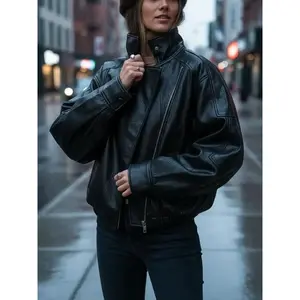 Black imitation leather jacket, stand up collar, oversized motorcycle riding jacket, elastic hem, street wear, casual long sleeved waterproof spring and autumn windproof jacket, women's daily wear, casual fashion jacket
