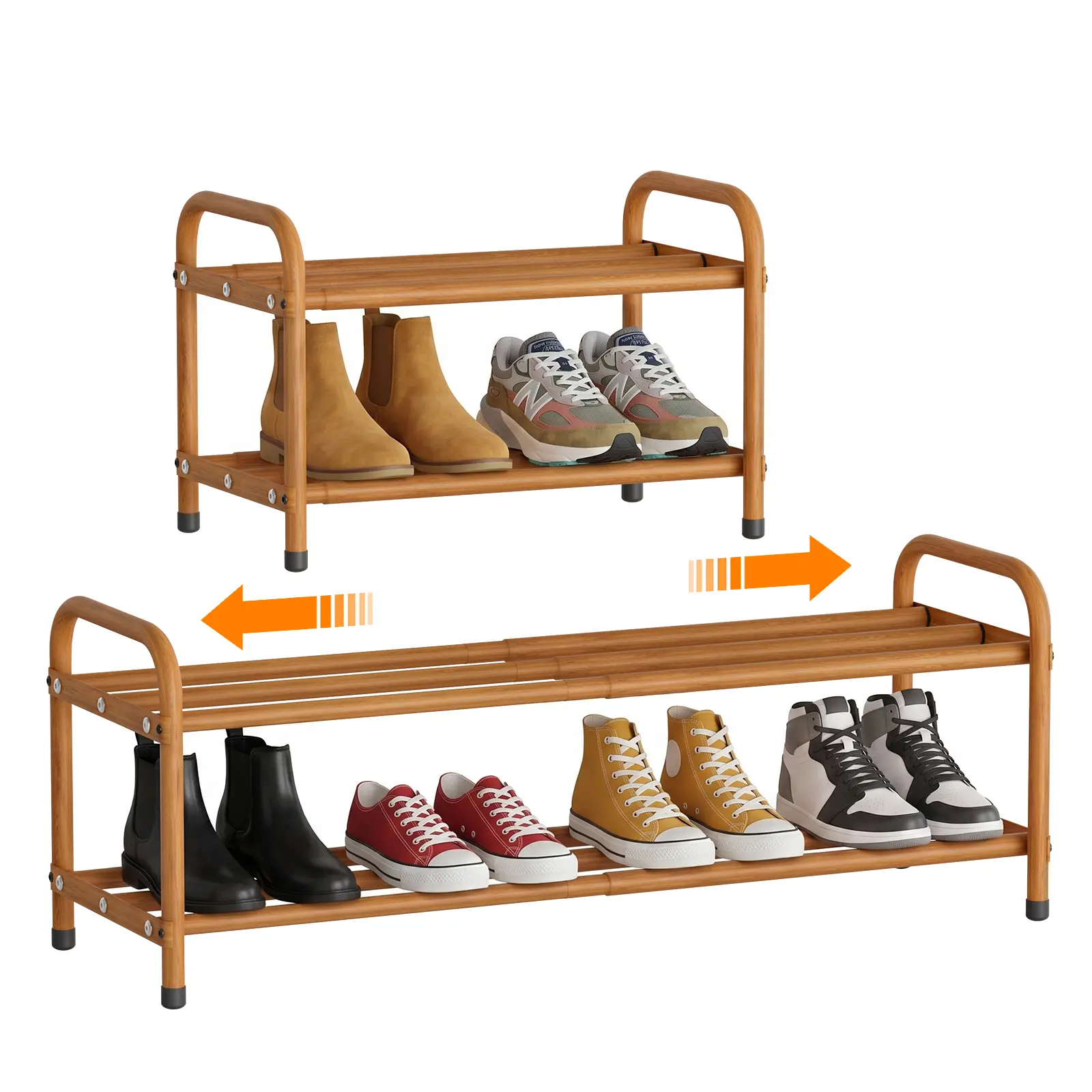 2-Tier Solid Wood Look Shoe Shelf Organizer, Multipurpose Shoe Rack with Adjustable Width (Expands 16.9"-30.5"), Tool-Free Assembly, Space-Saving for Closets & Entryways