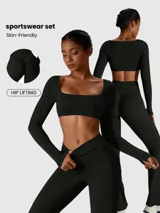 Women's Yoga Set, Fitness Yoga, Tight Sports Suit, Loose Bell Pants, Sporty Style, All Seasons, Long Sleeve, Above the Ankle, Workout Running Clothes, Yoga Activewear