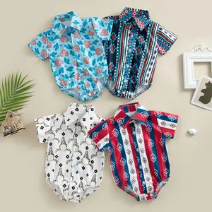Infant Baby Boy Shirt Romper Short Sleeve Graphic Button Up Lapel Jumpsuit Newborn Western Clothes