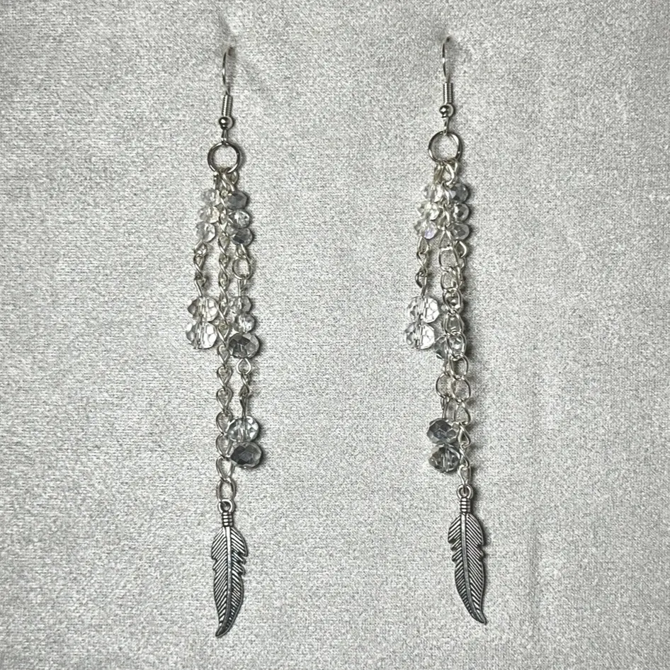 Silver Drift Crystal Earrings Handmade Long Faceted Glass Beads with Feather Charm Hook Closure 4.25 Inches AURA Signature Packaging