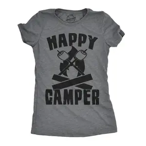 Womens Happy Camper Shirt Funny Camping Hiking Cool Vintage Graphic Tees Retro Funny Womens T Shirts Cute Vintage Fashion Casual Ladies T-Shirt Gift Vintage Tops for Women Funny Camping Top Women's Novelty Tees Dark Grey