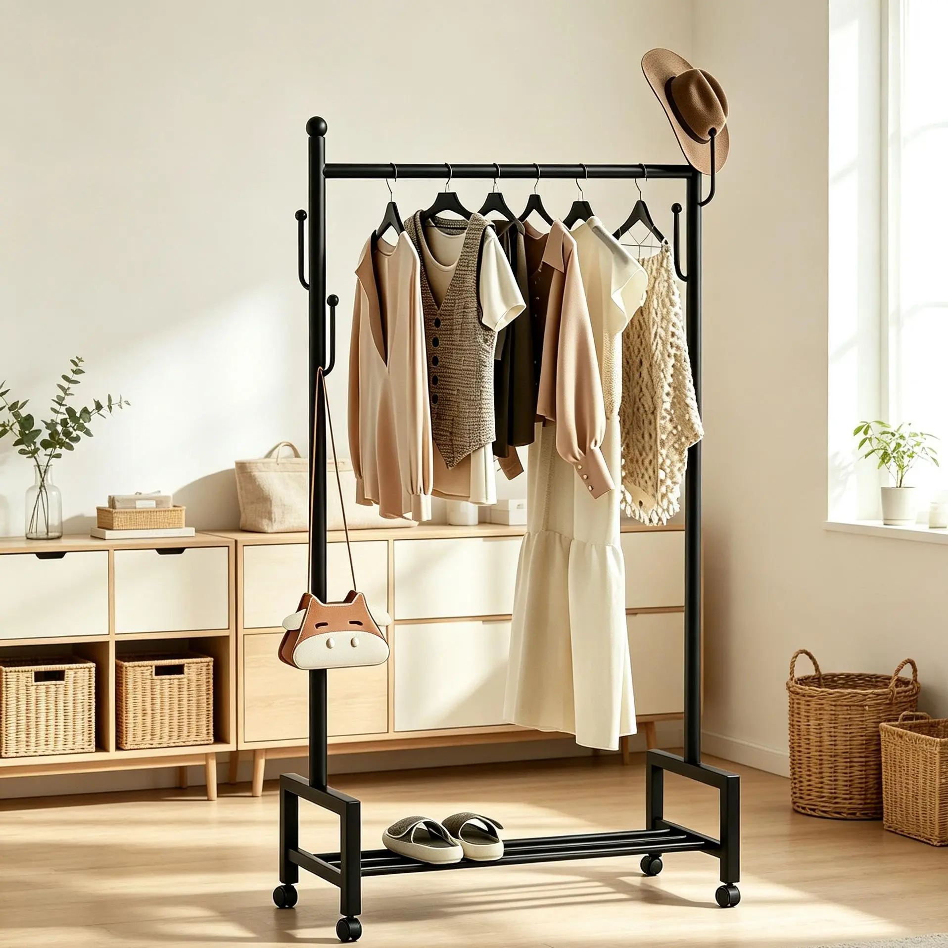 UDEAR Home Bedroom Floor-Standing Clothes Rack Width 31.5in, Mobile and Easy-to-Use Coat Rack  Organiser with Wheels