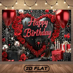 Black Red Birthday Backdrop Luxury Party Backdrop Elegant Celebration Background Cloth Birthday Tapestry Wall Hanging Photography Background Polyester Fiber Studio Photography Event Party Decor Studio Prop Glam Wall