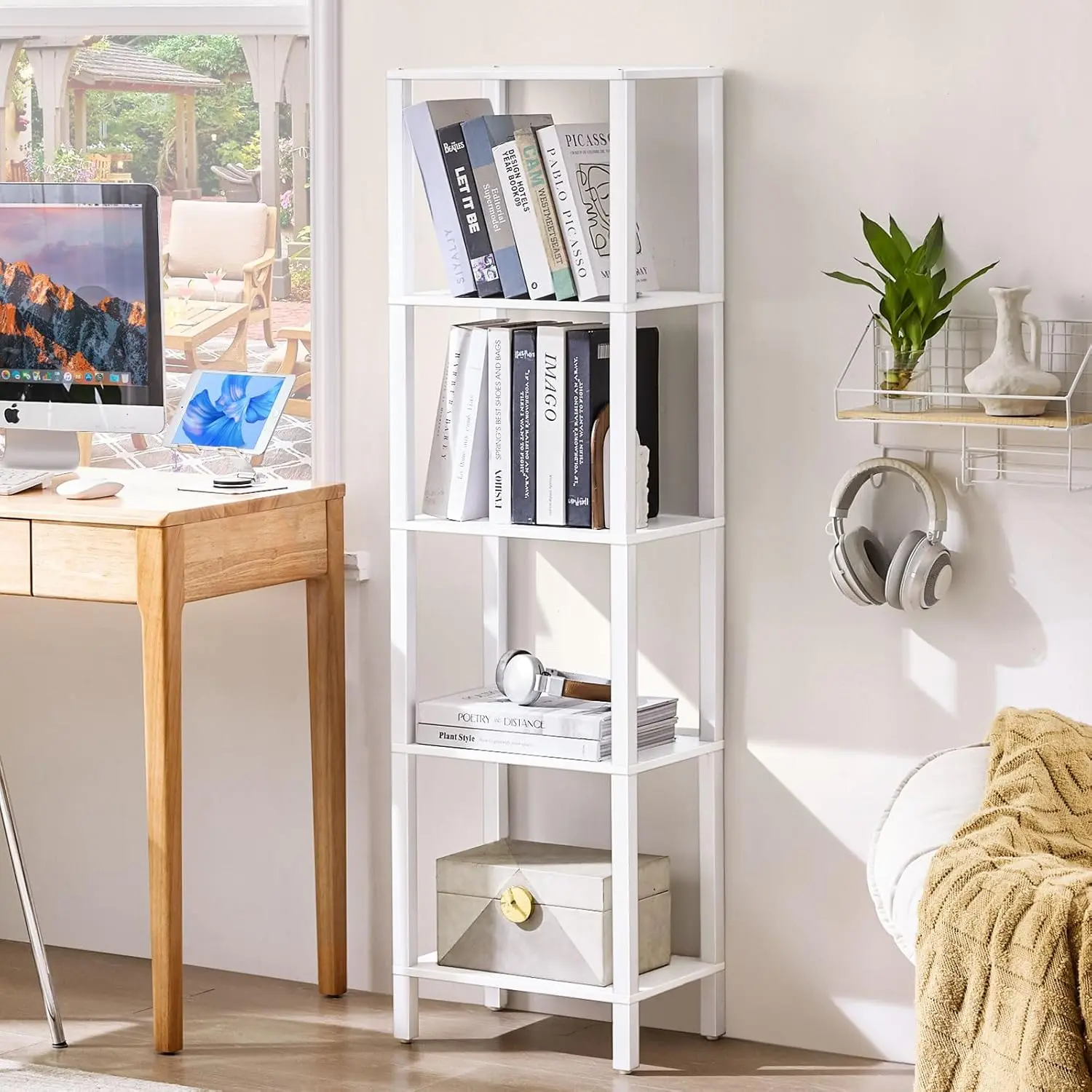 54in Tall Bookshelf 5-Tier Small Narrow Bookcase, Skinny Farmhouse Slim Shelf for Small Spaces, Freestanding Display Thin Bookshelves