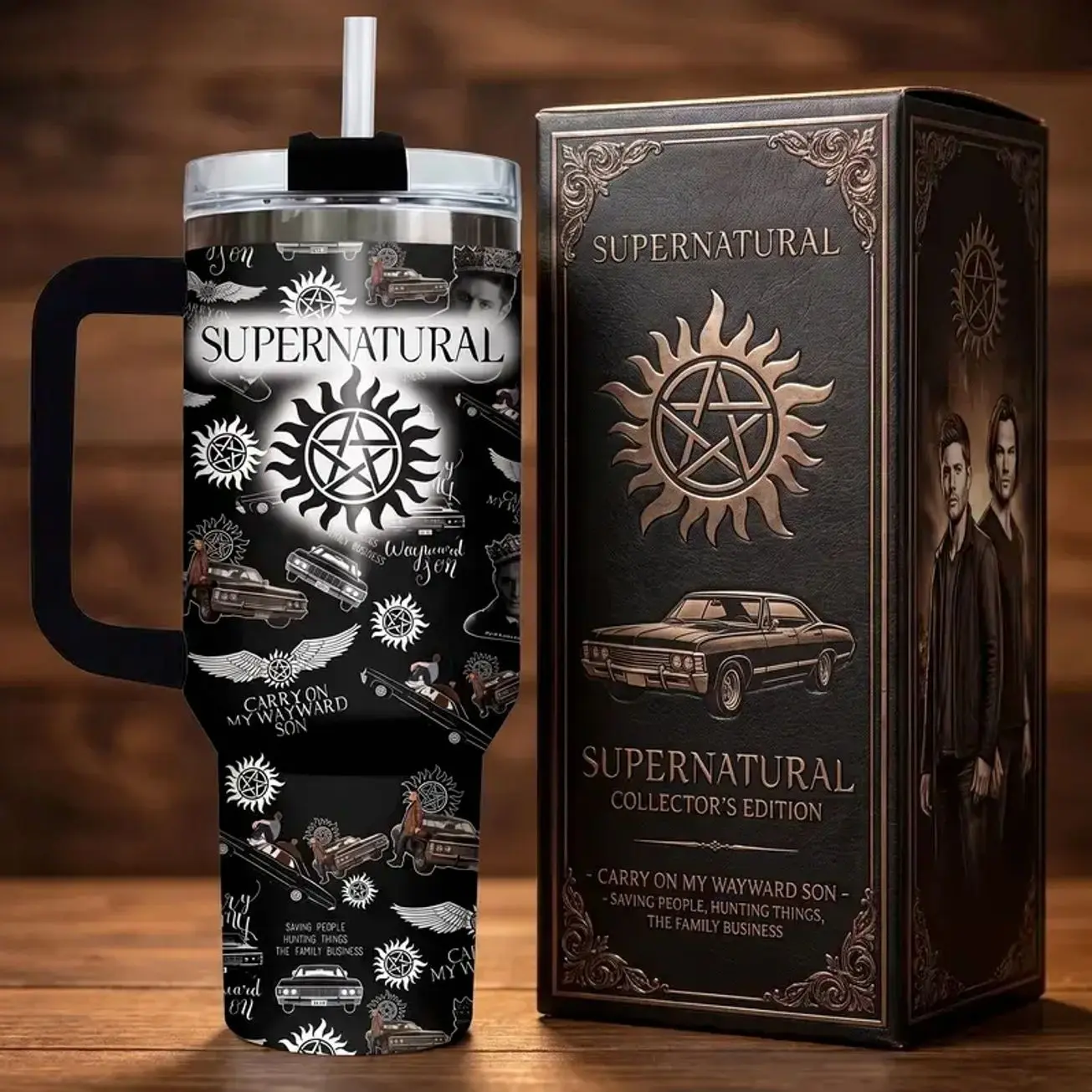 Supernatural TV Show Tumbler with Handle, 40oz Insulated Stainless Steel Travel Mug with Straw, Anti Possession Symbol Dean Sam Winchester Impala Car Cup, Carry On My Wayward Son Saving People Hunting Things Gift Idea for TV Fans