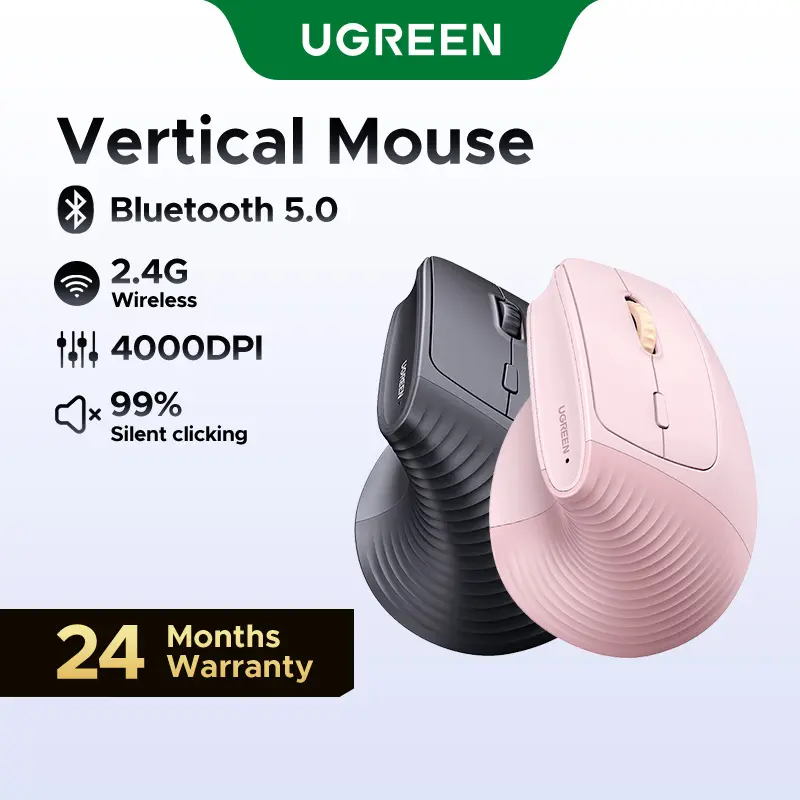 UGREEN Vertical Mouse Bluetooth 5.0 & 2.4G Wireless Ergonomic Mouse with 5 Buttons, 4000 DPI, Balck & Pink Ergonomic Mouse Compatible with PC/Laptop，Only 2.4G Model(Bluetooth not supported),tiktokshopmemorialday