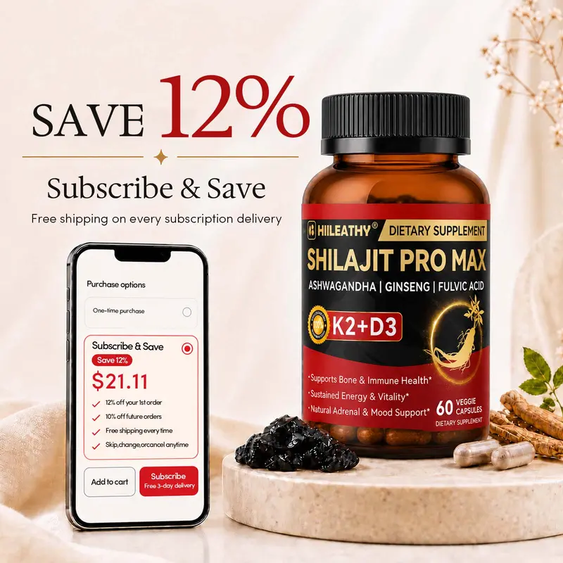 HIILEATHY Optimal Shilajit PRO MAX with K2 & D3 - 60 Capsules - Premium Fulvic Acid & 84+ Minerals for Immune Support Energy & Anti-Aging USA Made