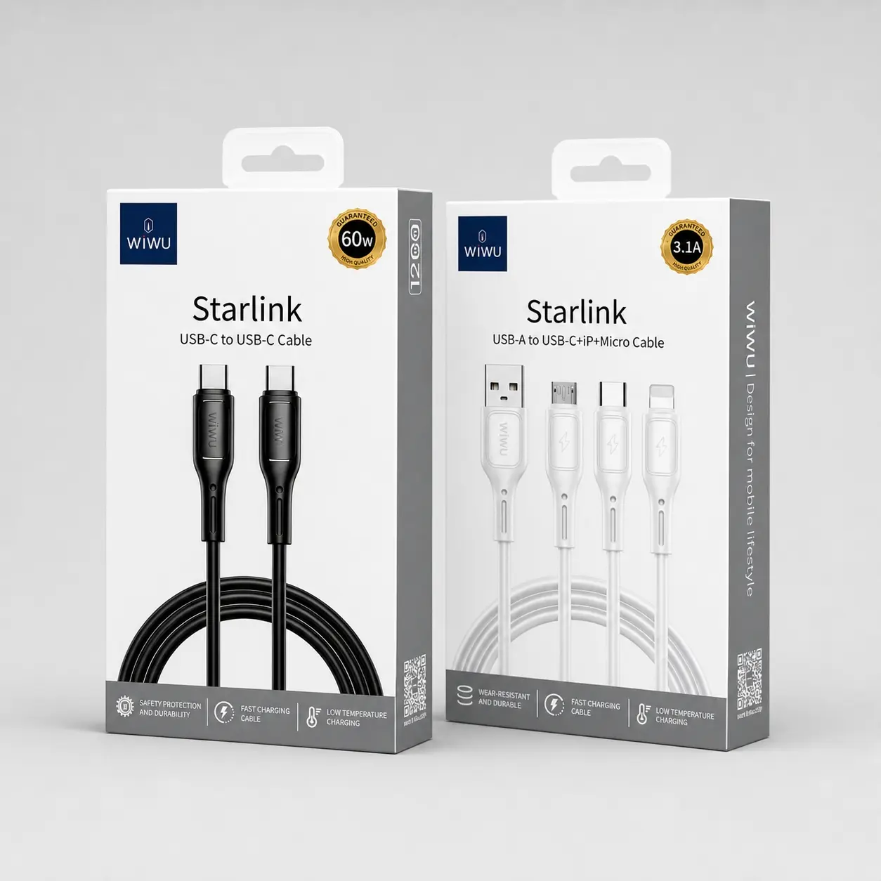 WIWU Starlink Universal Charging Solution - 60W USB-C Fast Charger Cable & 3-in-1 Multi-Cable Adapter, Durable Build with Temperature Control, Optimal Fast Charging Speed, Essential Accessory for All Mobile Devices, Tablets, and Laptops