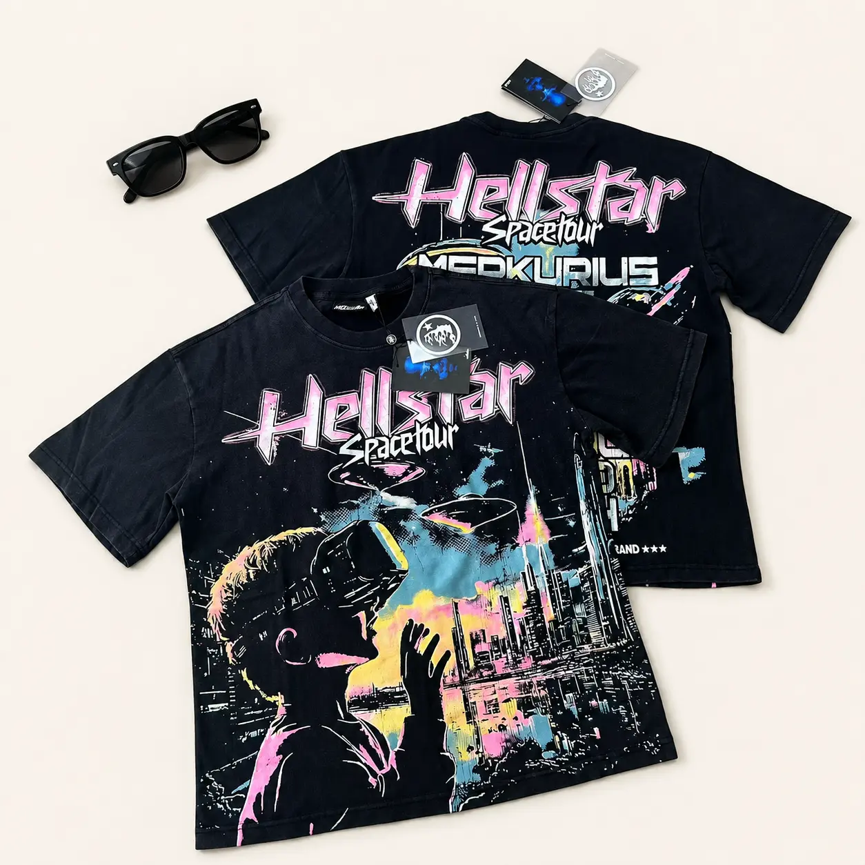 Hell star Space Tour Graphic T Shirt TikTok Viral Futuristic Streetwear Tee Black Oversized Y2K Cyberpunk Techwear Rap Tee Opium Harajuku Short Sleeve Top Unisex Summer Rave Festival Fit Men Women