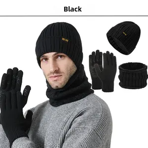 Men's Knitted Hat Scarf Gloves Three-Piece Set Winter Thickened High Elasticity Warm Kit for Cold Weather