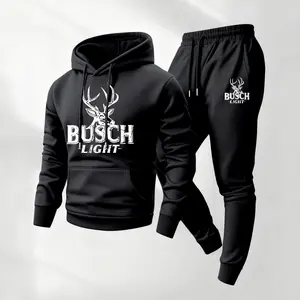 Men's Classic Beer Print Hoodie and Drawstring Sweatpants Set, Menswear, Casual Athletic Long Sleeve Hooded Jacket & Trousers for Fall & Winter, Men's Clothing for Daily Wear, Sportswear Indoor Outdoor, Tracksuit, Athleisure Summer Clothes