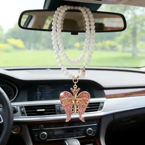 Pearl Cross Car Hanging Ornament, Pink Angel Wing Cross Car Rearview Mirror Charm, Bling Christian Car Accessories for Women, Religious Car Decor for Safe Driving, Car Pendant Gift for Birthday Christmas