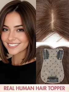 Seamless 7*11cm Base Human Hair Toppers for Women Short Bob Hair Pieces for Thinning Hair Side Part with Bangs, Bangs Included, Covers Gray Handmade Silk Base Adds Volume Straight