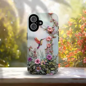 Hummingbird, Spring Summer Embroidered Floral Premium Film 2 in 1 Phone Case - Durable, Shock Absorbing and Stylish Protection - Compatible with iPhone 16, 15, 14, 13, 12, 11, Plus, Pro, Pro Max, Perfect birthday gift for friends.