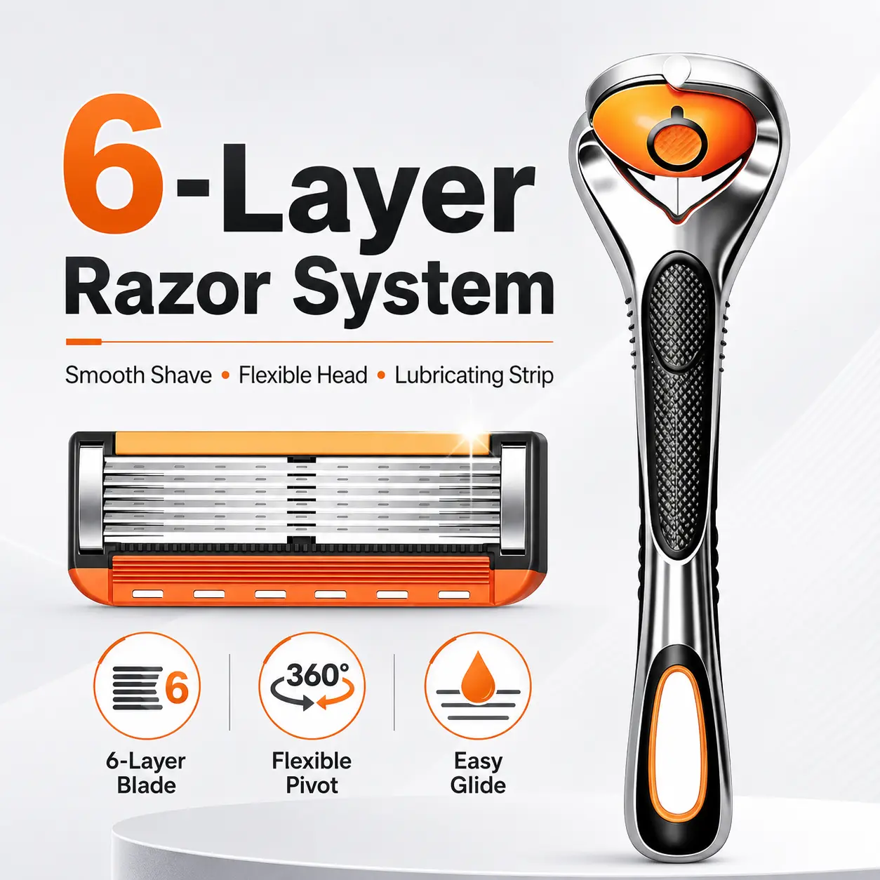 6-Blade Razor Kit with Pivoting Head and Ergonomic Handle, 24 or 48 Replacement Blade Cartridges for Men and Women, Face, Head, Legs and Body Shaving