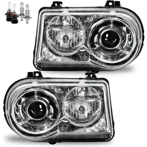 Projector Headlight Assembly Compatible with 2005-2010 Chrysler 300C Halogen Headlamp w/Bulbs Replacement Chrome Housing#CH2502167, CH2503167
