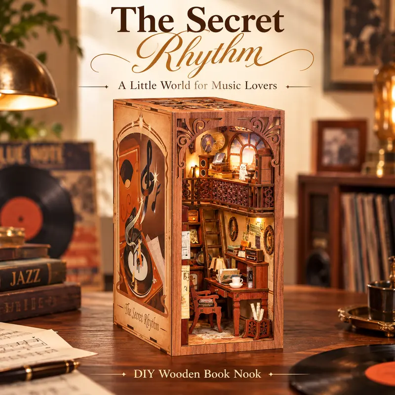 CUTEBEE DIY Kits - Secret Rhythm Wooden House Kit for Adults, DIY Wooden Book Nook with LED Light, Music-Themed Miniature Bookshelf Decor Gift for Music Lovers, Wooden House Kit Adults