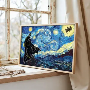 Van Gogh's Starry Sky Pattern Canvas Painting with Frame, Modern Art Bat Character Posters, Wall Art Decor for Home Living Room Bedroom Office, Halloween