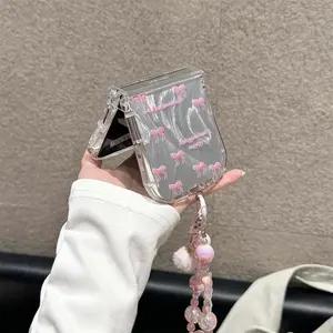 Korean Cute Bowknot Phone Case For Samsung Z Flip 7 6 5 4 Cover with Chain Clear Hinge Cases for Galaxy Z Flip5 Flip6 Flip7 Capa