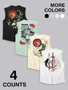 Men's 4 Pack Japanese Koi & Cherry Blossom Print Sleeveless Vest, Loose Fit Breathable Fabric, Casual Street Style, Ideal for Fitness & Daily Wear