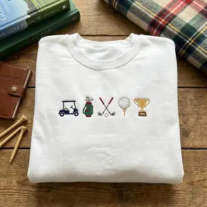 [Sale 47% ]  Embroidered Golf Essentials Sweatshirt, Classic Golf Icons Hoodie, Golf Cart and Trophy Pullover, Country Club Style, Golfer Gift Ideas