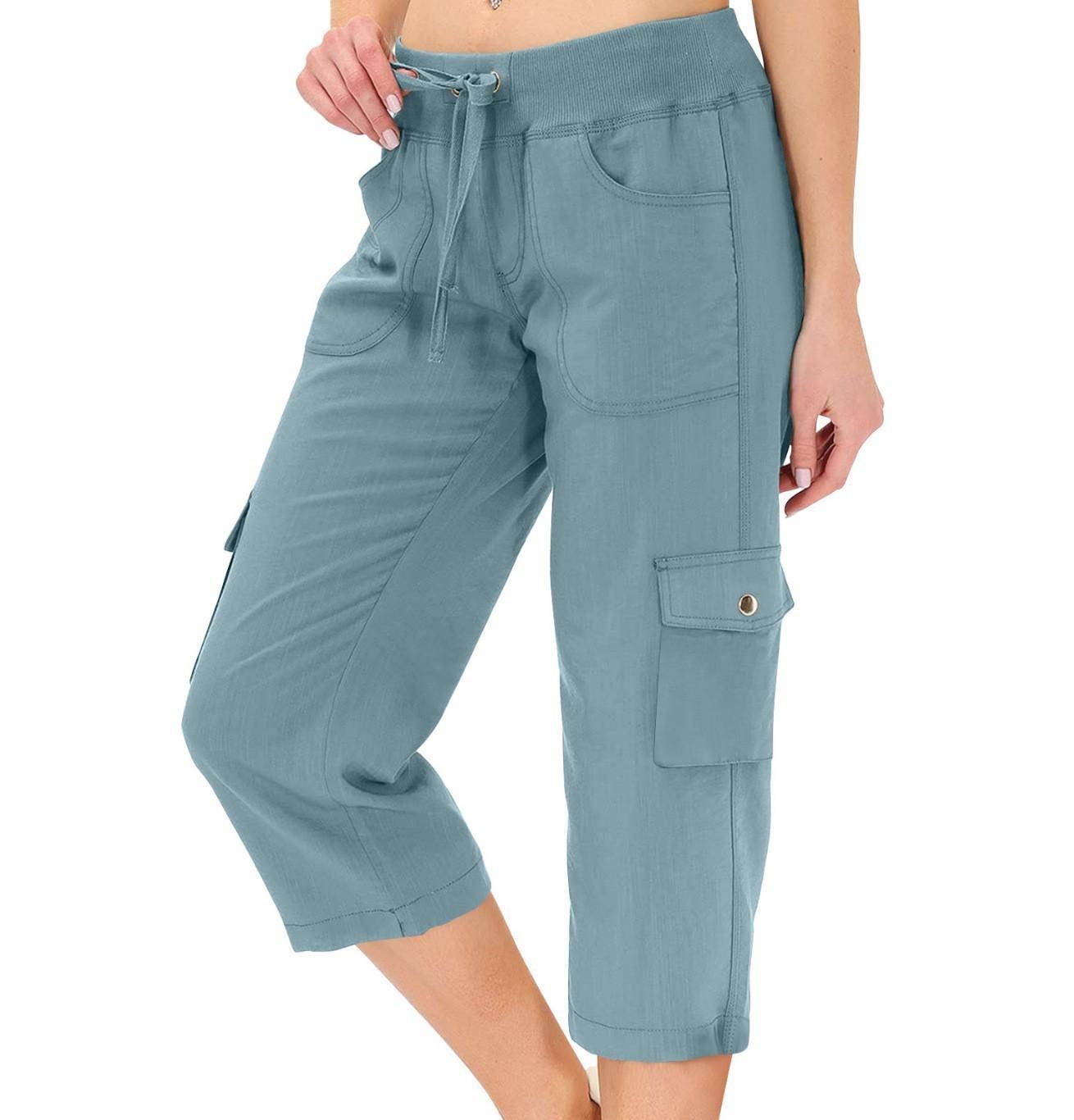 Solid Color Drawstring Fitness Running Cargo Pants With Pockets, Patchwork Design, Cropped Pants