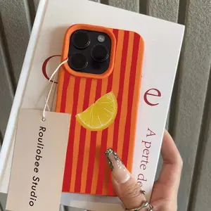 Red Striped Lemon Phone Case for iPhone 16 17 Pro Max 15 14 11 12 13 Pro XS Max 16E 17 Air Cover Lychee Pattern Shockproof Cases