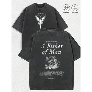 Washed T-shirt Mark 1:17 Bible Verse Tshirt Vintage Fishers of Men Scripture Shirt Christian Husband Faith Based Clothing Retro Men's Fishing Clothes