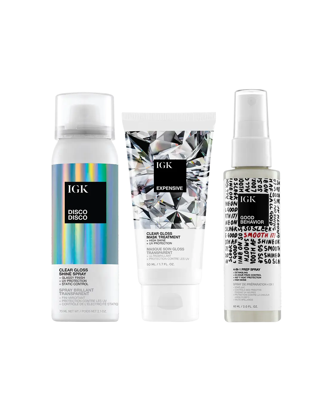 IGK Hair Mile High Minis Travel-Sized Trio with Good Behavior 4-in-1 Prep Spray, Expensive Gloss Treatment, and Disco Disco Spray for Sleek Frizz-Free Styles - Gel