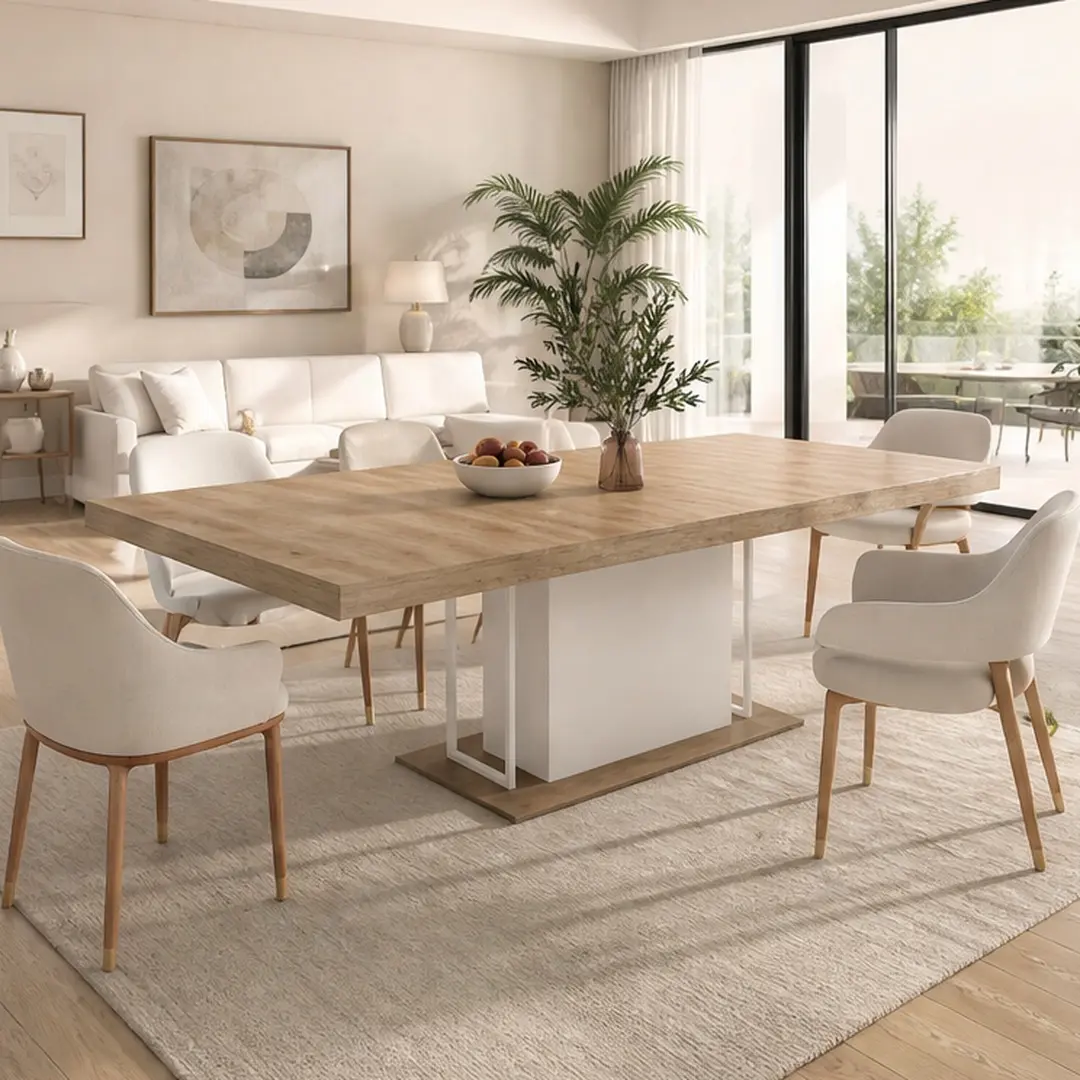 Rectangle Extendable Dining Table for 6-10 People, 160-200cm Aged Wood Effect White Oak Particle Board, Large Space Seating 10, Thick 12cm Edges, Sturdy Wide Feet, Combo Item, 35.43Wx78.74Dx29.53H in, White Oak Color Options, Particle Board Mate