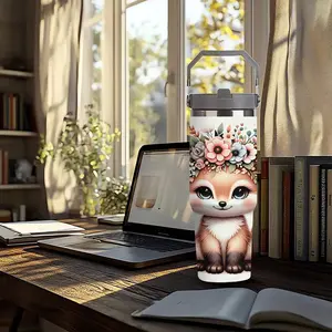 30oz Cute Floral Crown Fox Insulated Tumbler, Double Wall Stainless Steel Travel Cup with Handle, Adorable Cartoon Pet Design, Perfect Christmas, Birthday & Gift for Animal Lovers, Girls, Pet Parents & Whimsical Aesthetic Fans