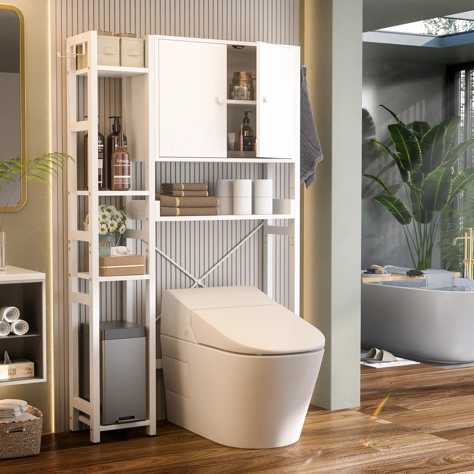 Over The Toilet Storage Cabinet with Doors,7 Tier Bathroom Organizer with Adjustable Shelf, Freestanding Space Saver Rack with 4 Hooks for Bathroom,dorm essentials,home decor