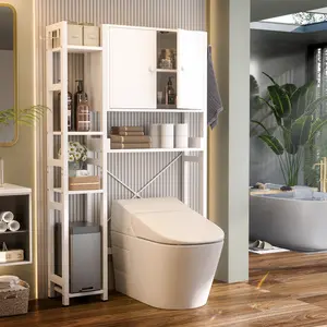 Over The Toilet Storage Cabinet with Doors,7 Tier Bathroom Organizer with Adjustable Shelf, Freestanding Space Saver Rack with 4 Hooks for Bathroom