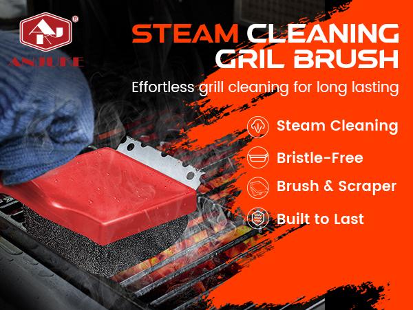 Anjure 4-in-1 Bristle-Free Grill Brush 18.8" Steam Grill Cleaner with Scraper & Bottle Opener Long Non-Slip Heat-Resistant Handle for Efficient Cleaning