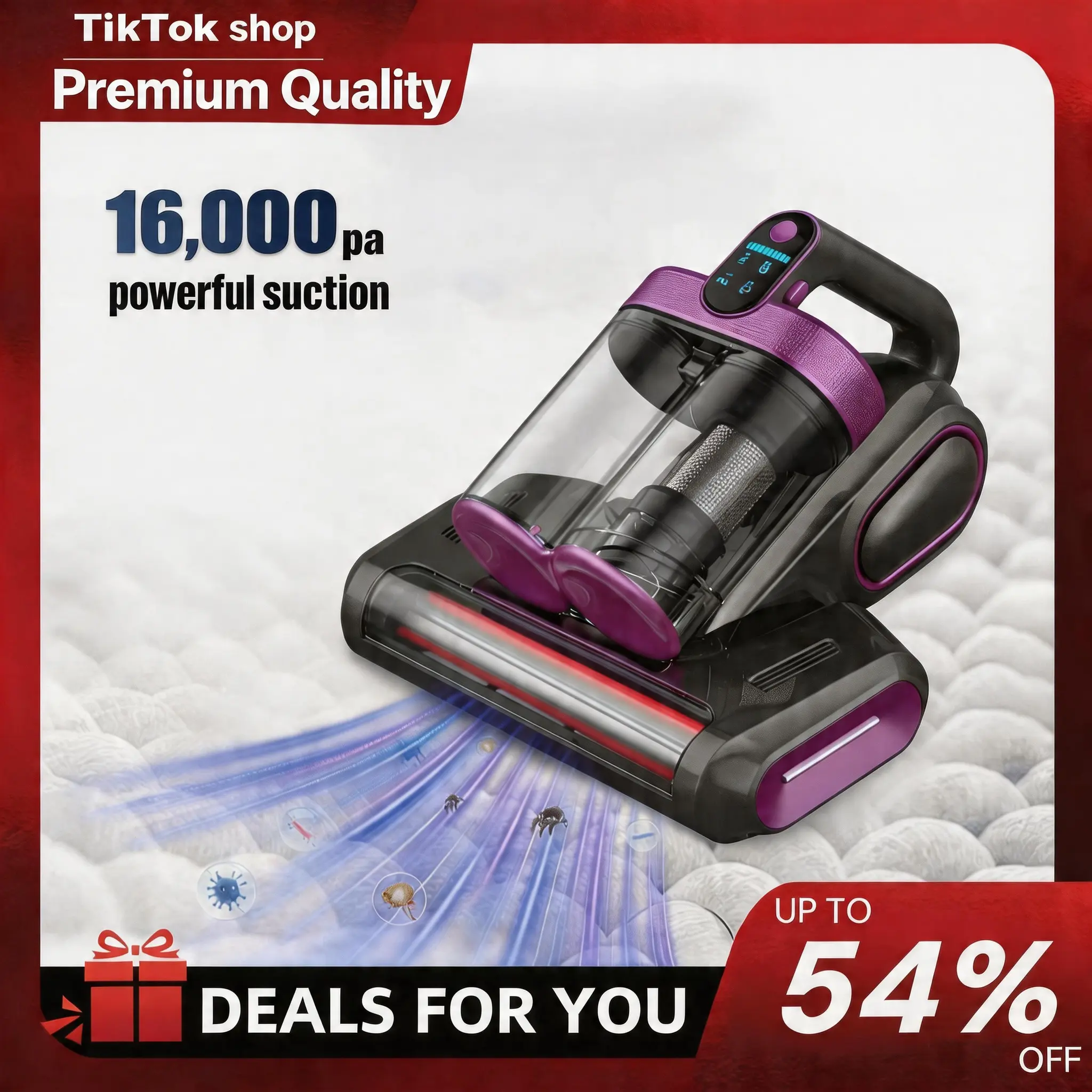 Handheld Mattress Vacuum Cleaner, Cordless Battery-Powered Compact Sweeper Handheld Vacuums with 16Kpa Hyper Helix Motor, UV-C Light, 149℉ Hot Air, Aroma Tablet, LED Display, HEPA Filter for Dust Mite Removal on Bed, Couch, Cordless Vacuum Cleaner