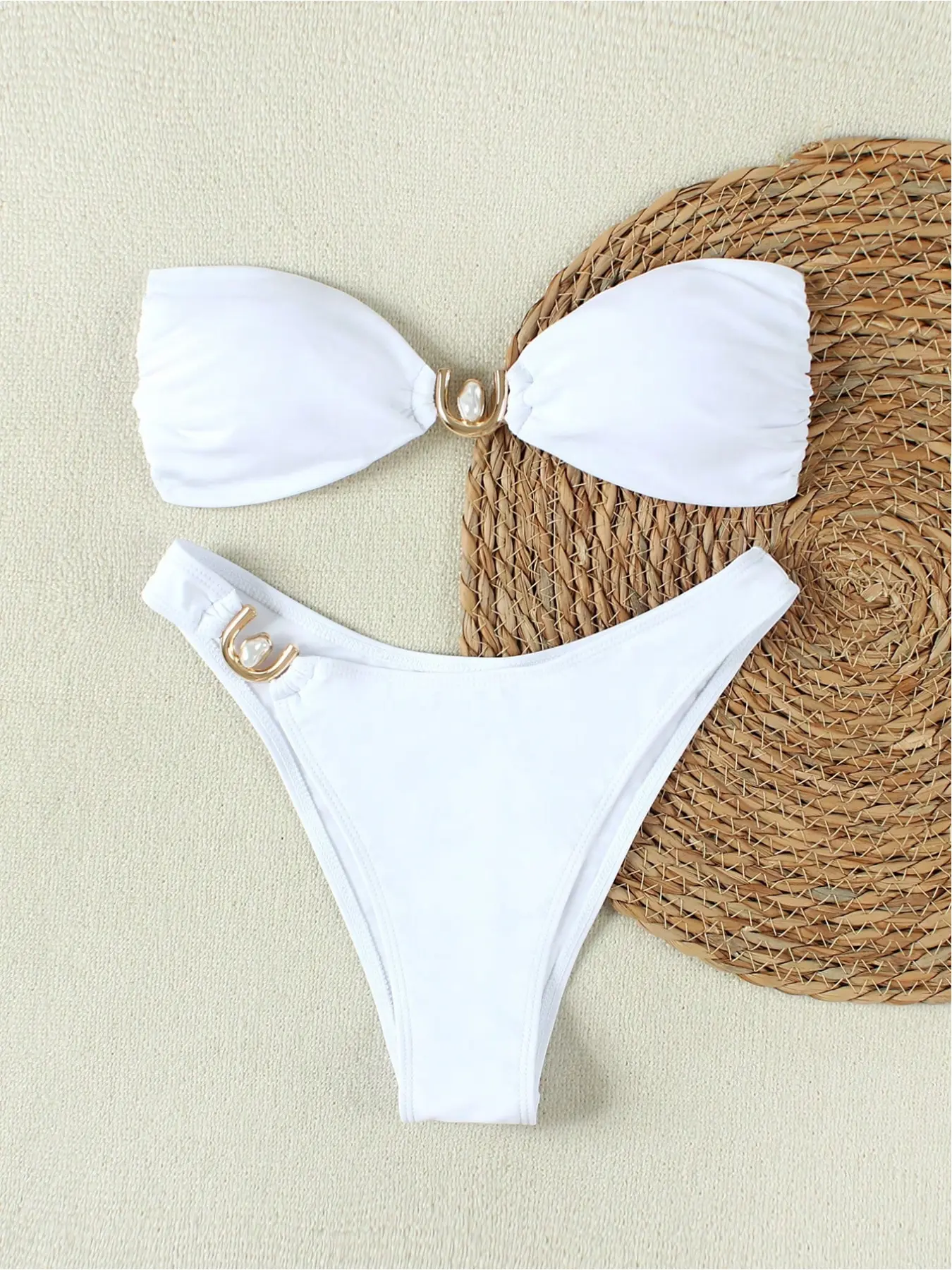 Summer New Simple Elegant Bikini Set, Pearl Metal Buckle Low Waist, Comfortable Swimwear for Spa Vacation, Versatile and Casual, Swimsuits Bikinis, Swimsuit Bikini Set