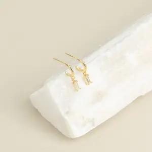 Lys Baguette Hoops by Caitlyn Minimalist - Dangling Diamond Charm Huggie Hoop Earrings - Wedding Jewelry - Gift for Wife