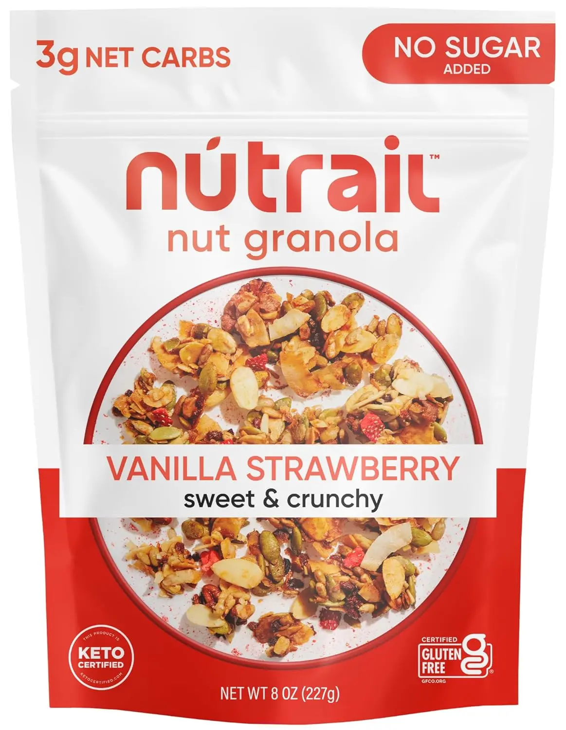 NuTrail Nut Granola Cereal, Vanilla Strawberry, No Sugar Added, Keto, Low Carb, Gluten Free, Grain Free, Healthy Breakfast