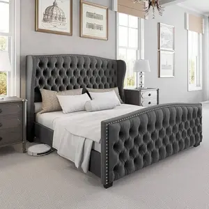 Platform  Frame  Wingback Headboard, Velvet Upholstered  Frame  Handmade Button Tufted & Nailhead, Wooden Slats Support Queen Size Floor Bed with Guardrail