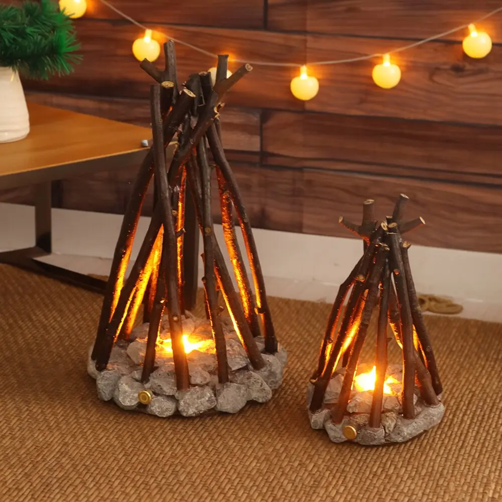 Faux Campfire Desk Lamp - Hand-Stacked LED Light with Flame Sound, USB Rechargeable, 3 Modes, Realistic Flame & Stone Design, Creative Handcrafted Ambient Night Light for Holidays, Home Decor