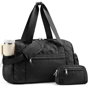 Puffer Gym Bag for Women, Quilted Weekender Bag for Travel, Lightweight Carry  Duffle for  Workout Dance Ballet Yoga Gymnastics  with Wet Pocket, Black
