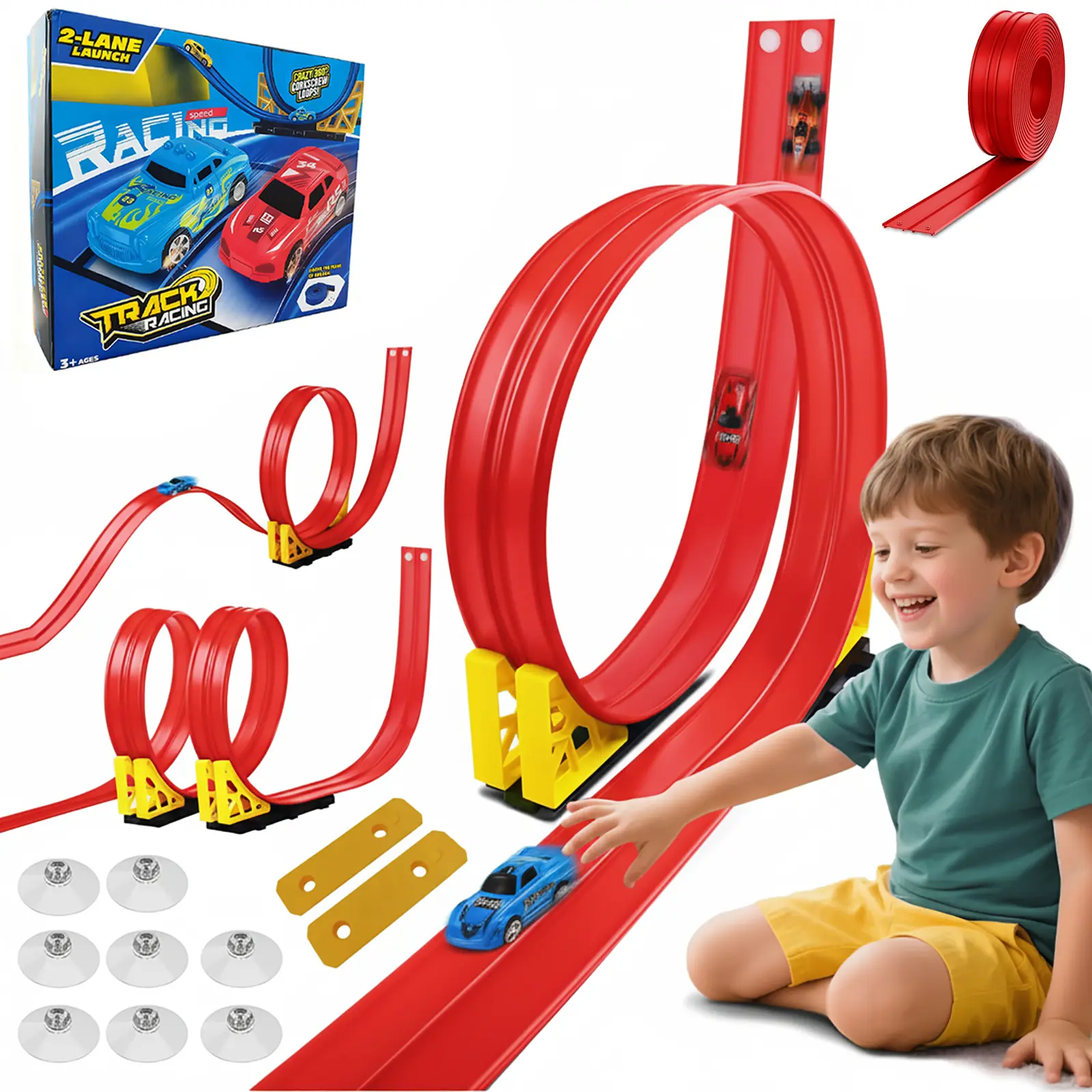 Flexible Race Track for Kids, 16.4ft DIY Loop Ramps Set with Track Base ...