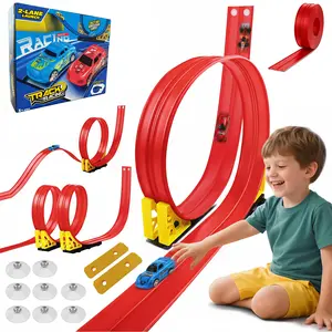 Flexible Race Track for Kids, 16.4ft DIY Loop Ramps Set with Track Base Connector and 8 Suction Cups & 4 Cars – Compatible with Hot Wheels & Matchbox Cars – Portable Roll Up Car Ramp Toy Track for Kids Ages 3 & Up