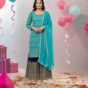 Teal Blue 3-Piece Gharara Set | Embroidered Chiffon Suit | Party & Wedding Wear